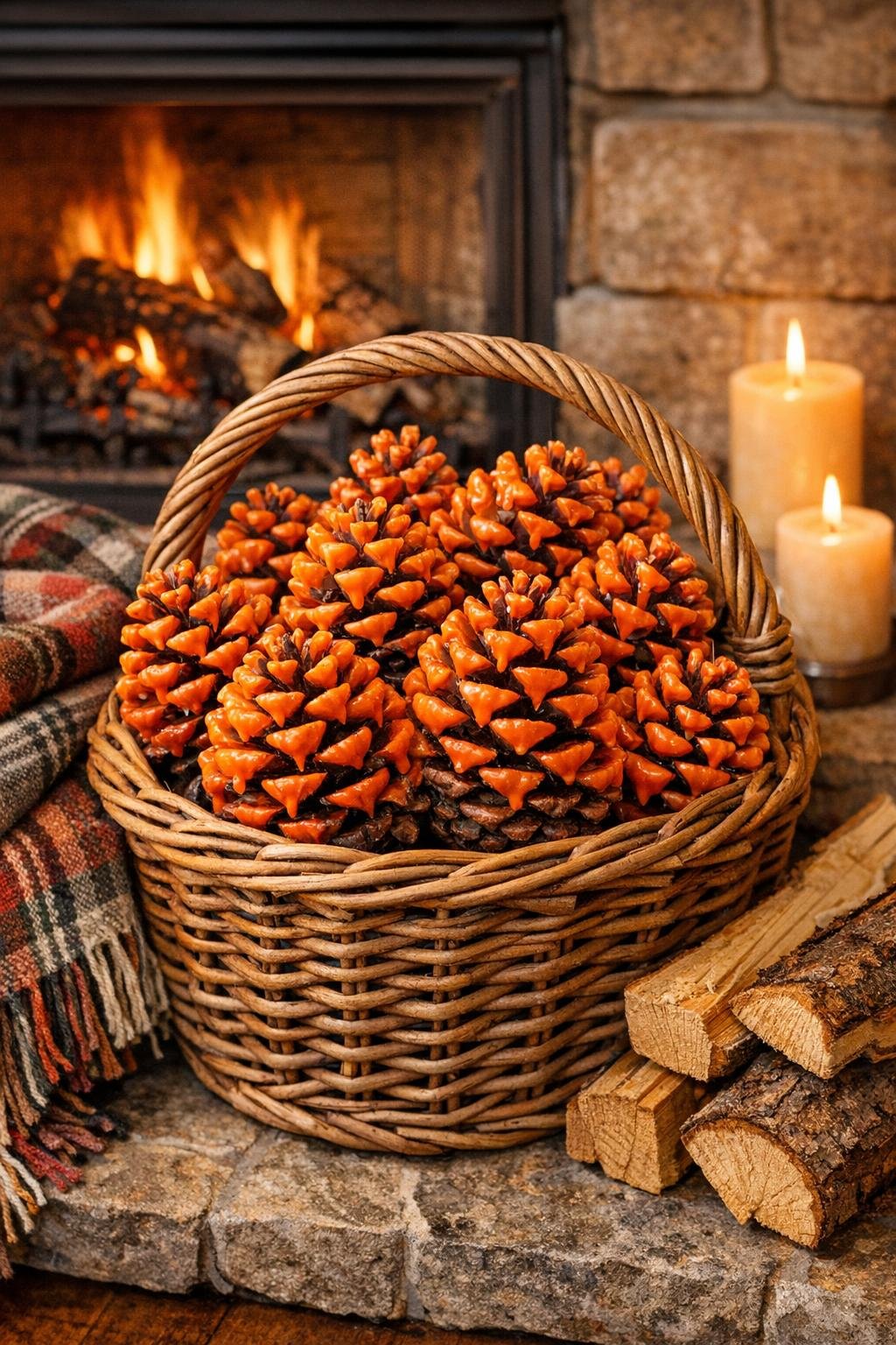 Finished dipped pinecone fire starters displayed in a basket by a fireplace