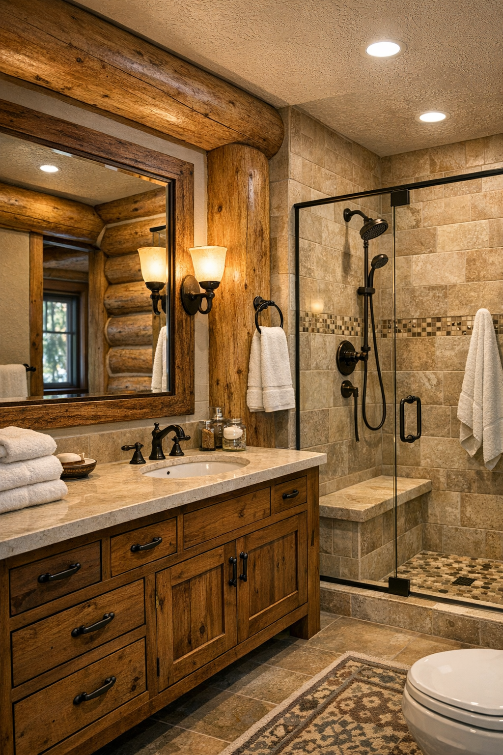 Bright rustic bathroom with handcrafted wood vanity and light stone finishes