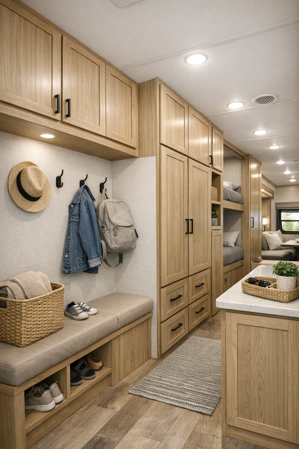 Functional RV hallway and multipurpose area with built-in storage, hooks, and oak cabinetry