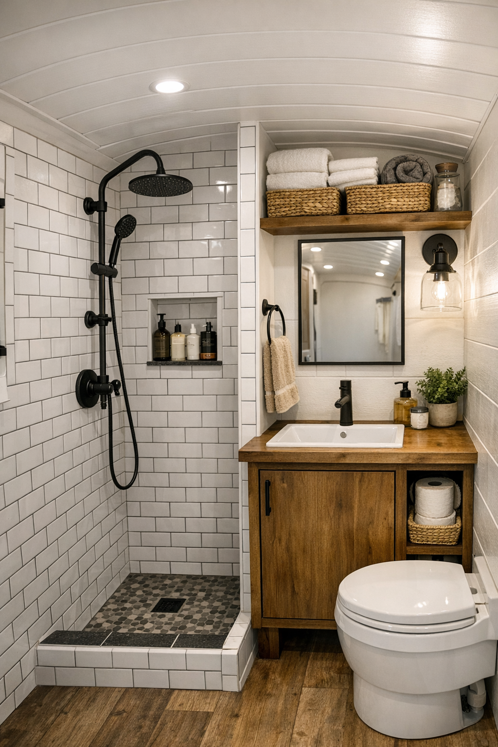 Compact bus bathroom with tiled shower, small wood vanity, and clean modern fixtures