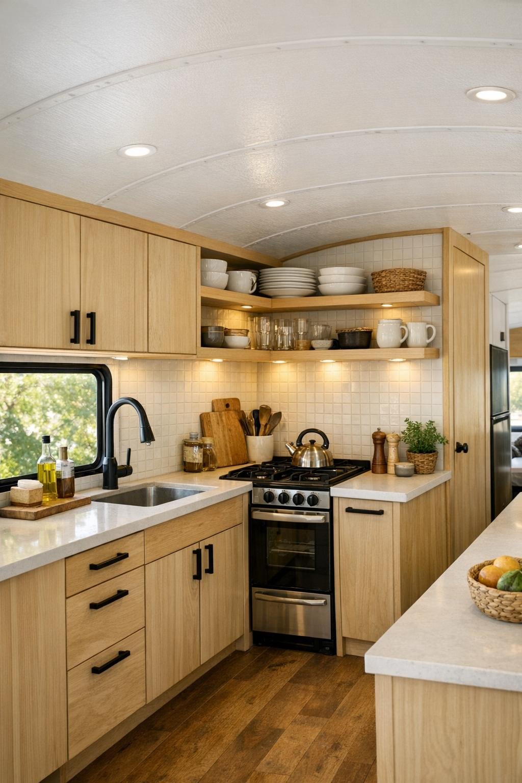 Efficient bus kitchen with light wood cabinetry, pale counters, and compact open shelving