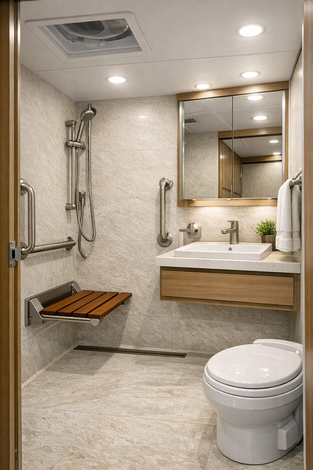Accessible RV bathroom with curbless shower and pale stone finishes