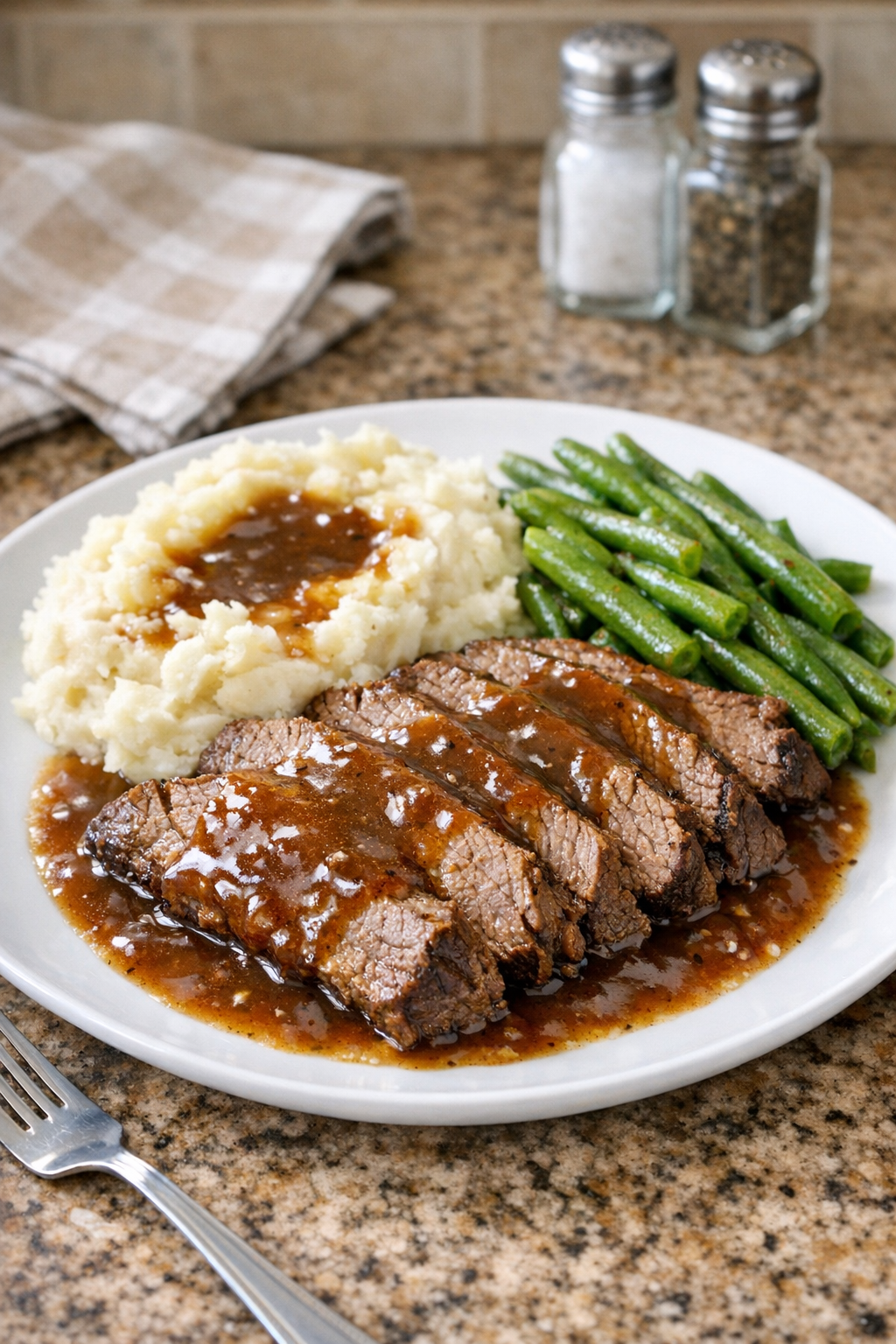 Finished slow cooker Worcestershire beef roast plated with gravy