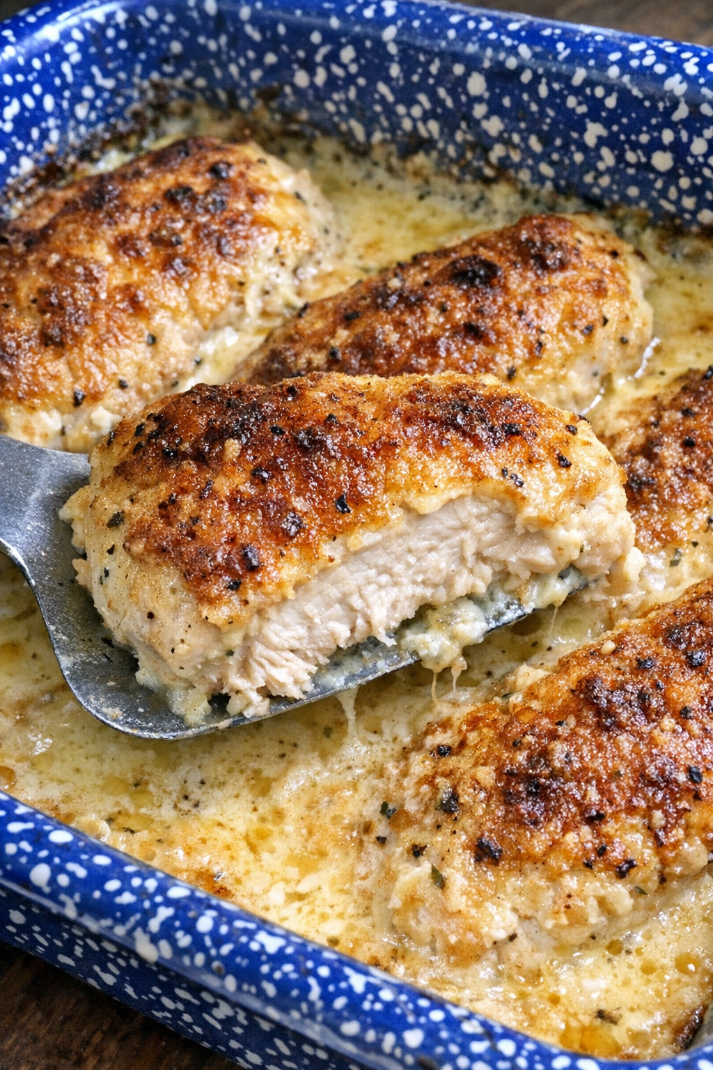 Baked chicken breasts with golden crust and cream sauce in a blue speckled baking dish