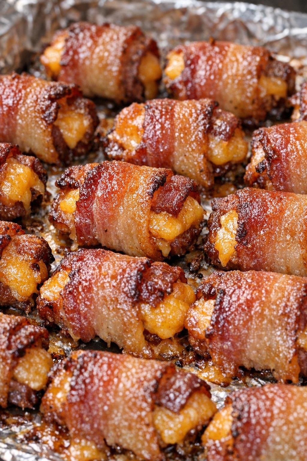 Southern 3-ingredient golden bacon bites on a foil-lined baking tray