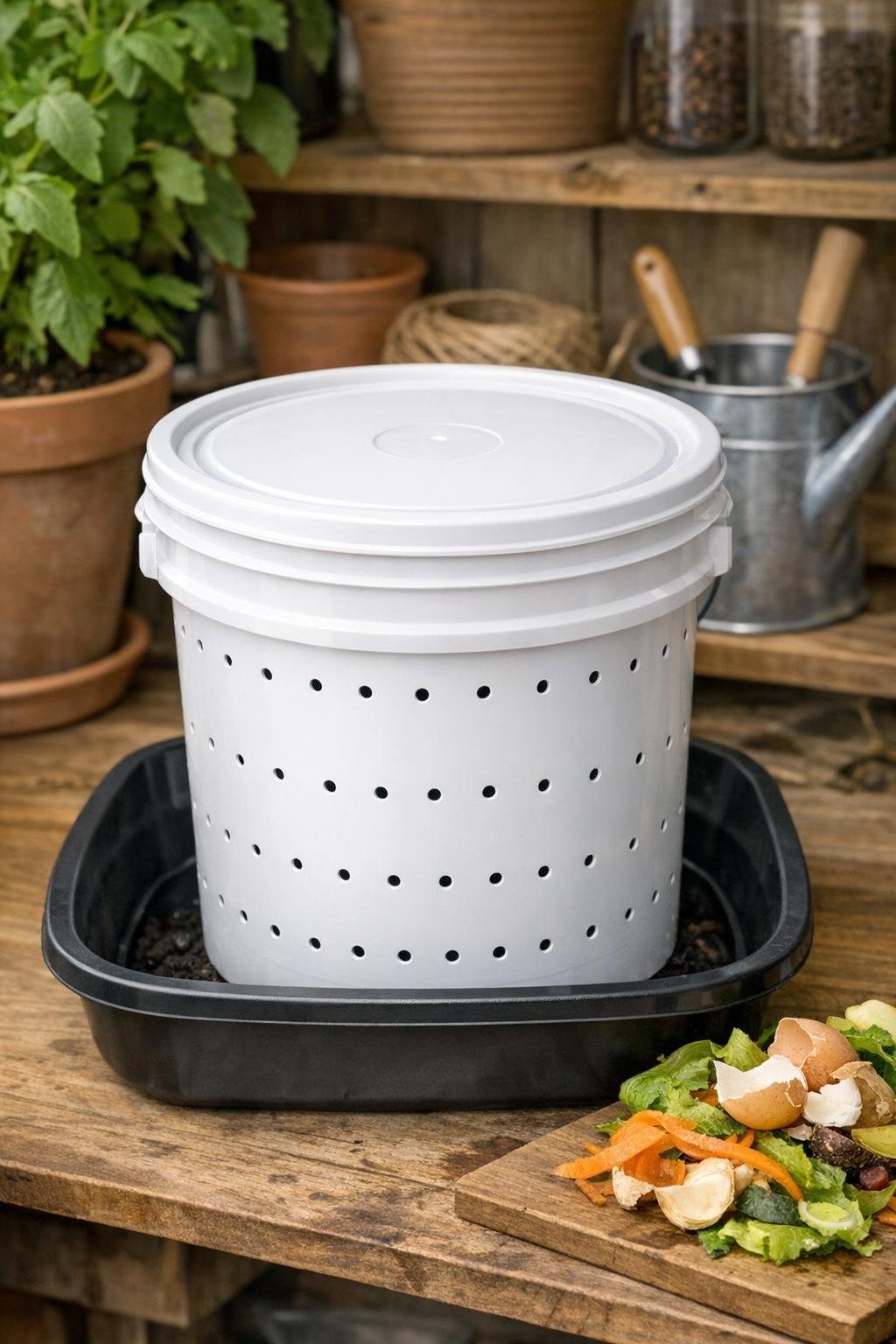 Finished white bucket worm composting bin ready for use