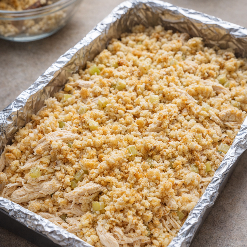 Stuffing mixture layered over chicken before baking