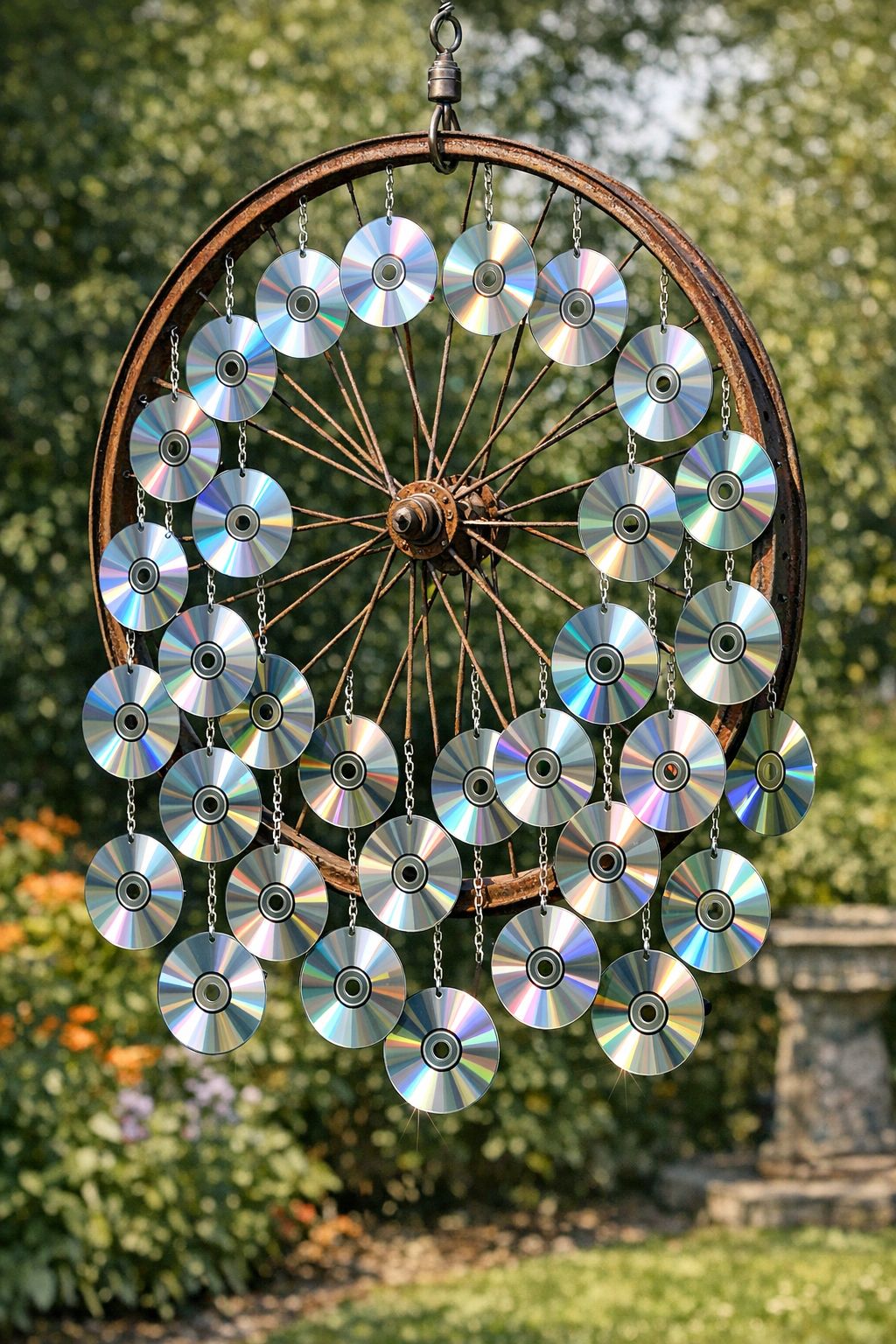 Completed sparkling backyard wind spinner made from CDs and a rusty bicycle wheel