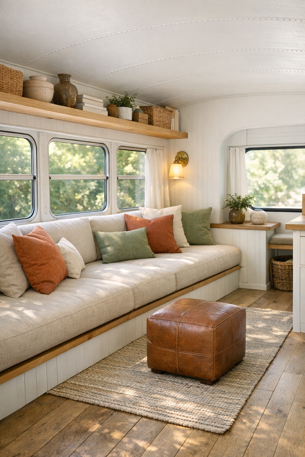 Cozy living room inside the converted bus with built-in seating and warm wood finishes
