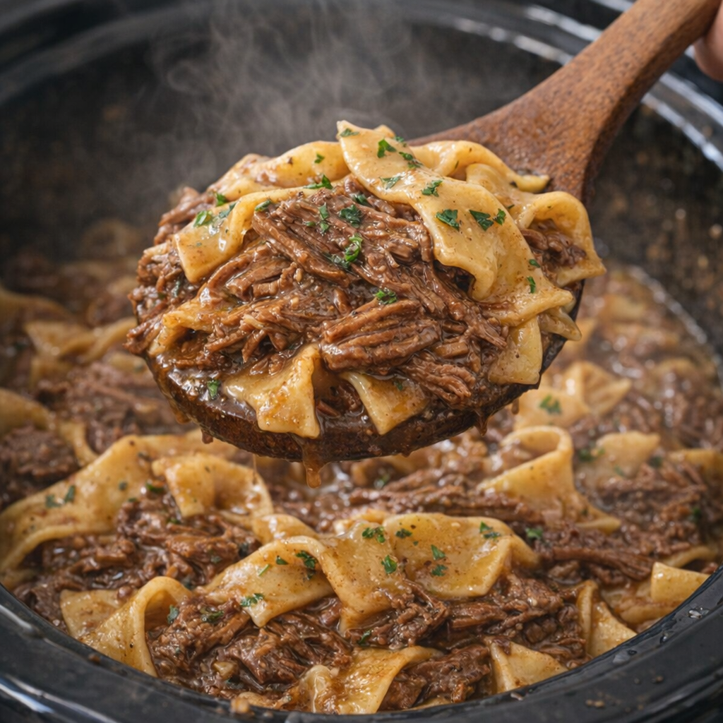 Finished beef and noodles with a spoonful lifted for serving
