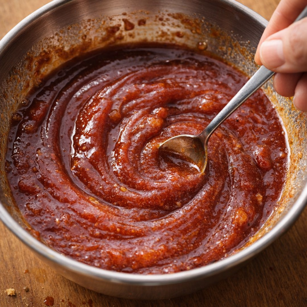 Barbecue sauce mixture being stirred in a bowl