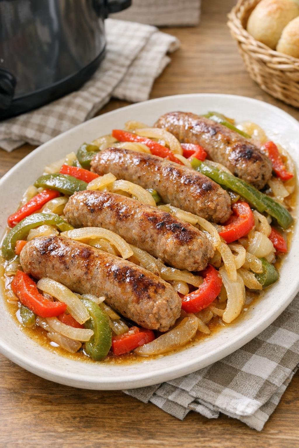 Beer braised Italian sausage with peppers and onions