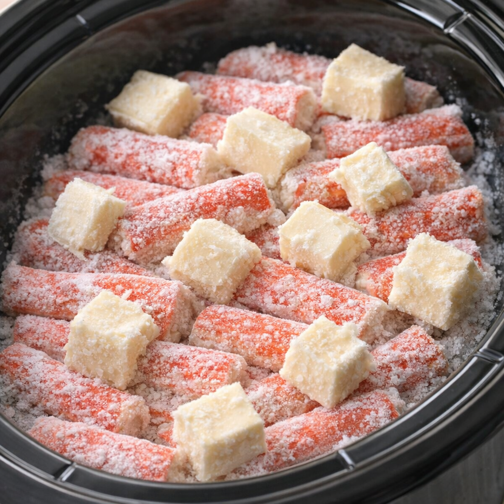 Frozen imitation crab sticks layered in a slow cooker with butter on top
