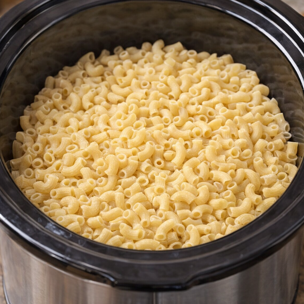 Dry macaroni poured into a slow cooker crock