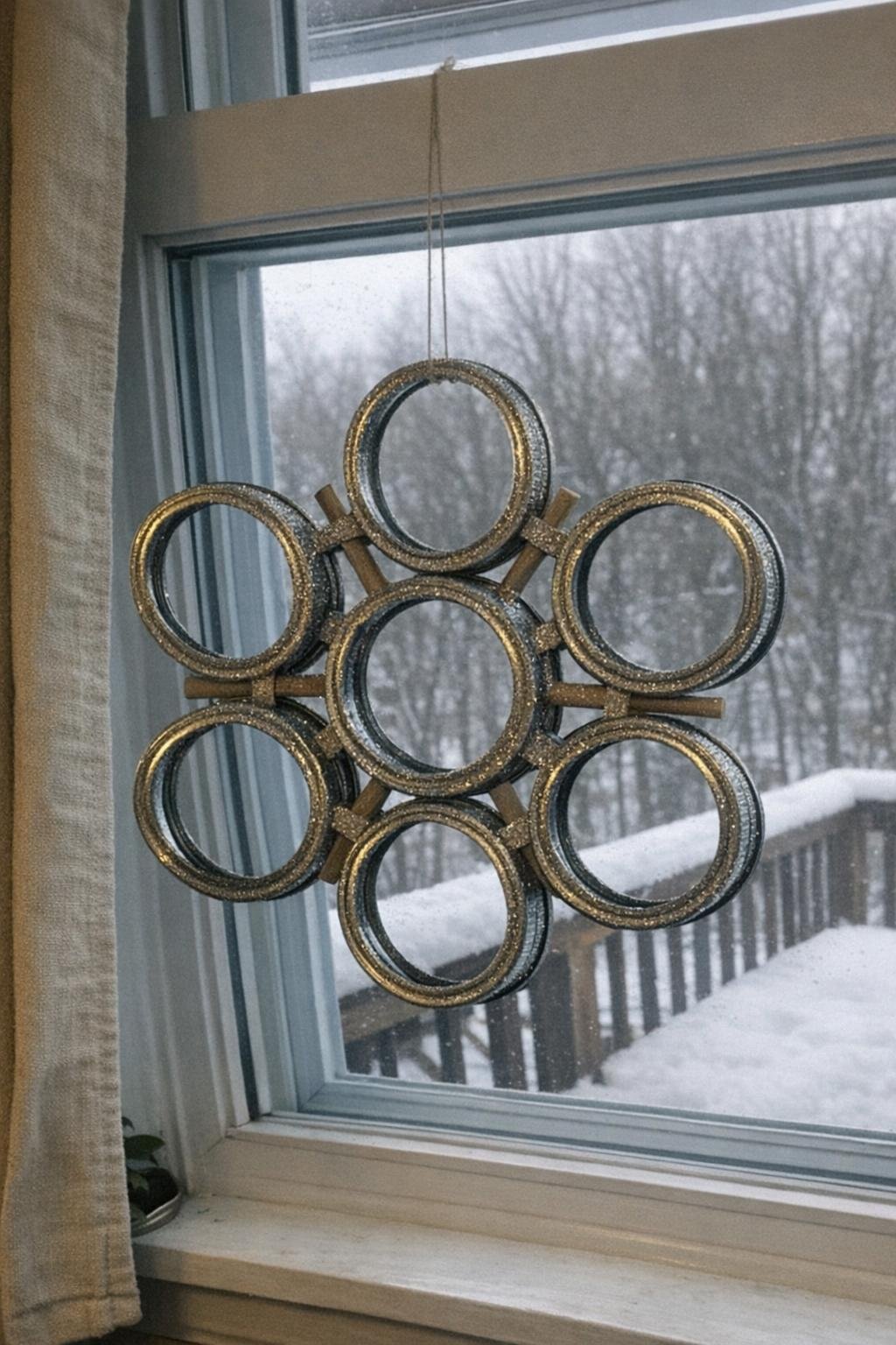 Snowflake decoration made from mason jar rings