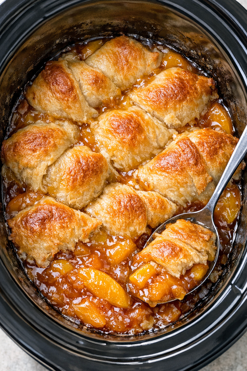 Finished crescent roll peach dessert in a slow cooker