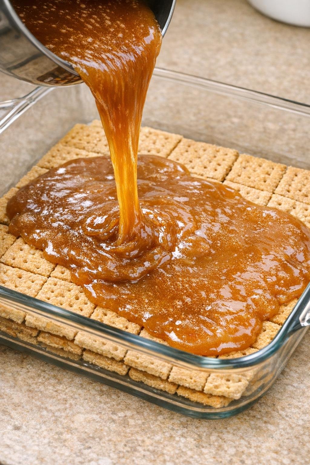 Caramel poured over graham crackers in baking dish