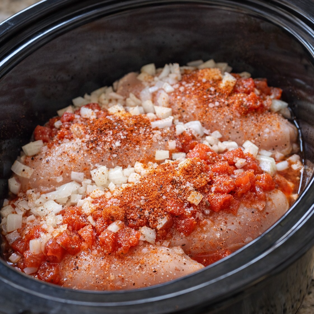 Seasoned chicken in slow cooker before cooking