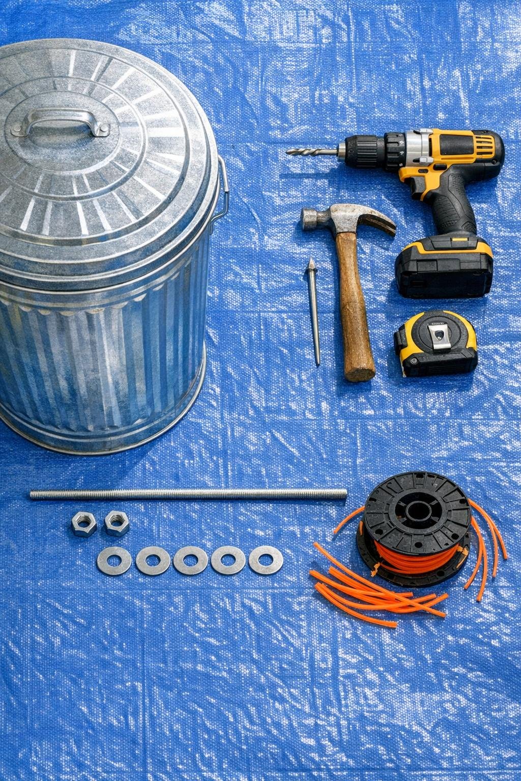 Materials laid out for the galvanized trash can leaf mulch shredding bin