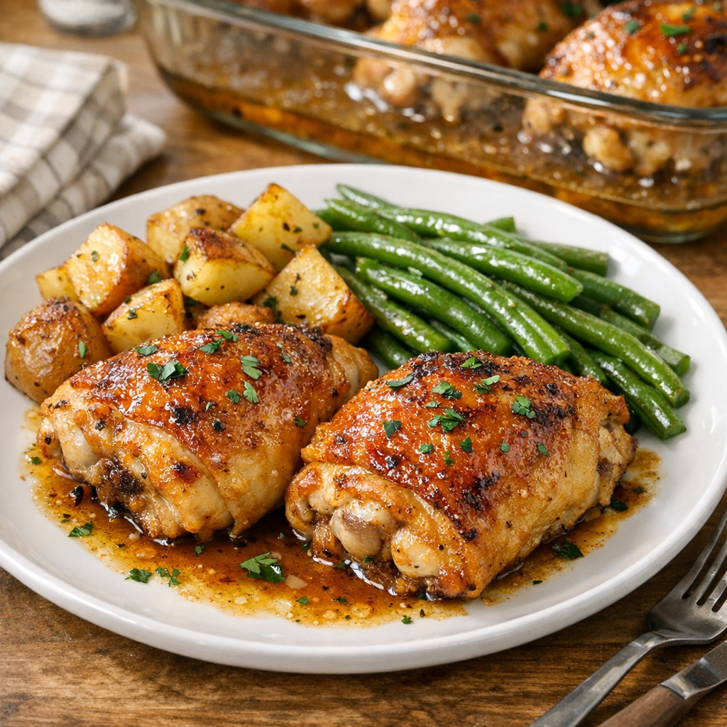 Finished baked chicken thighs plated for serving