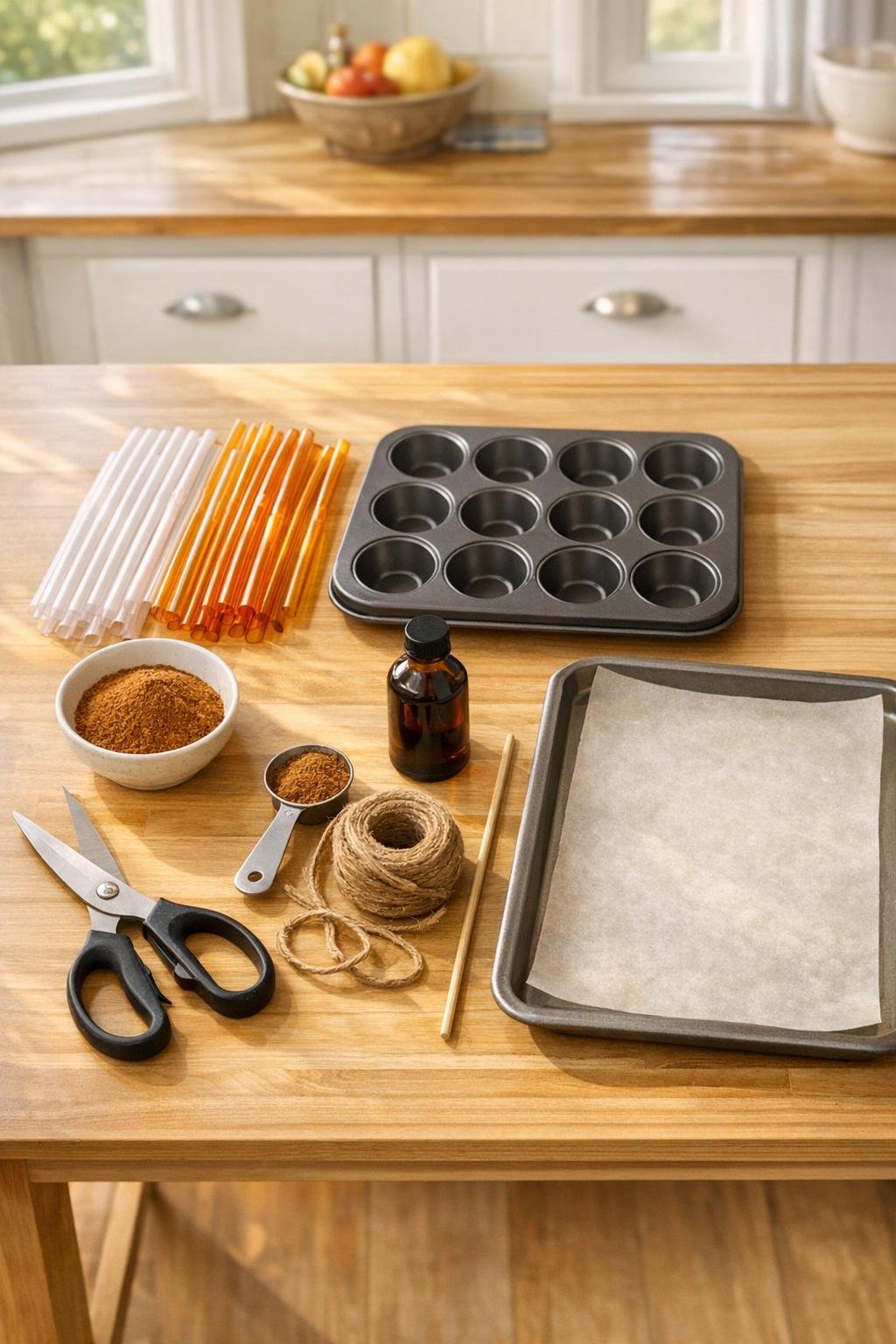 Materials for amber harvest ornaments laid out on a table