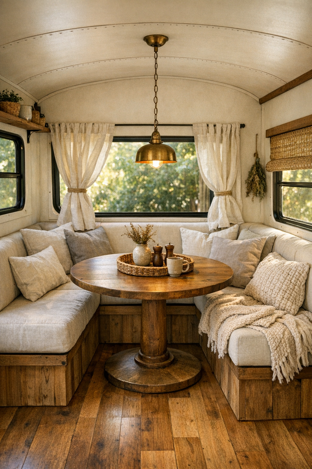 Small dining nook in a converted bus with banquette seating and a round wood table