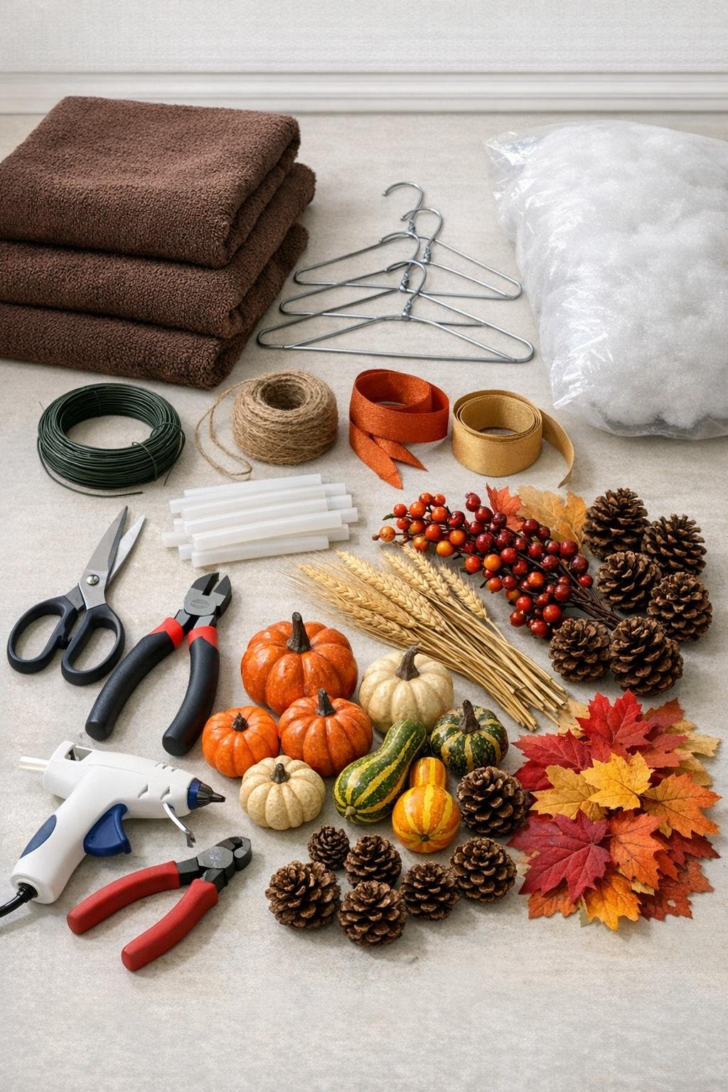 Materials for a towel cornucopia laid out together