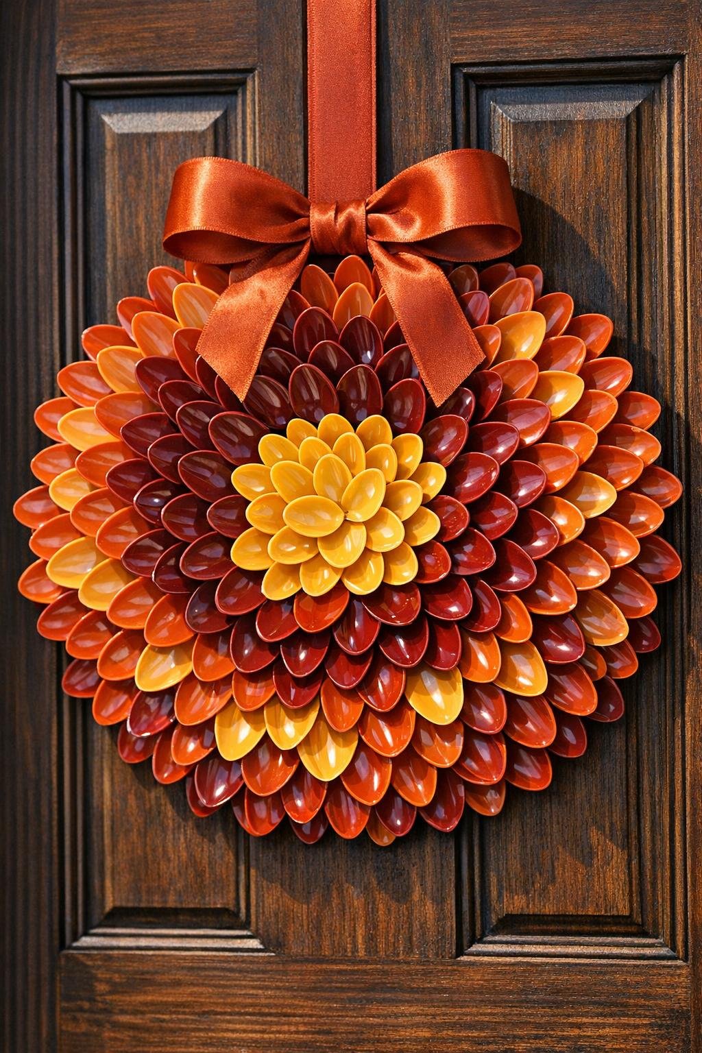 Finished painted plastic spoon wreath hanging by a ribbon, made from layered spoon heads on a cardboard ring
