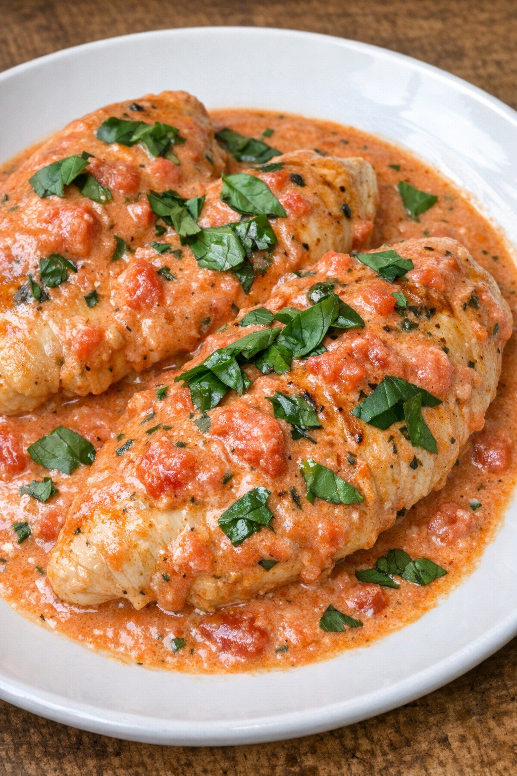 Creamy tomato basil chicken plated and ready to serve