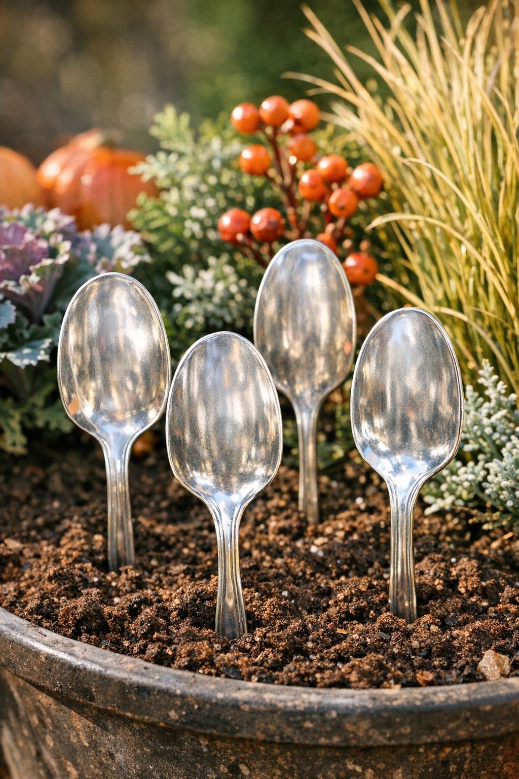 Finished silver spoon garden markers displayed in a fall planter