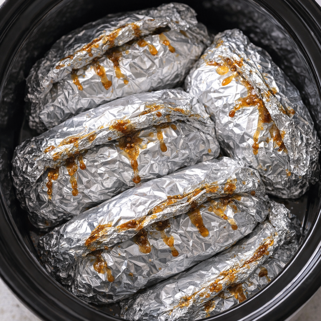 Foil pork packets stacked inside a slow cooker