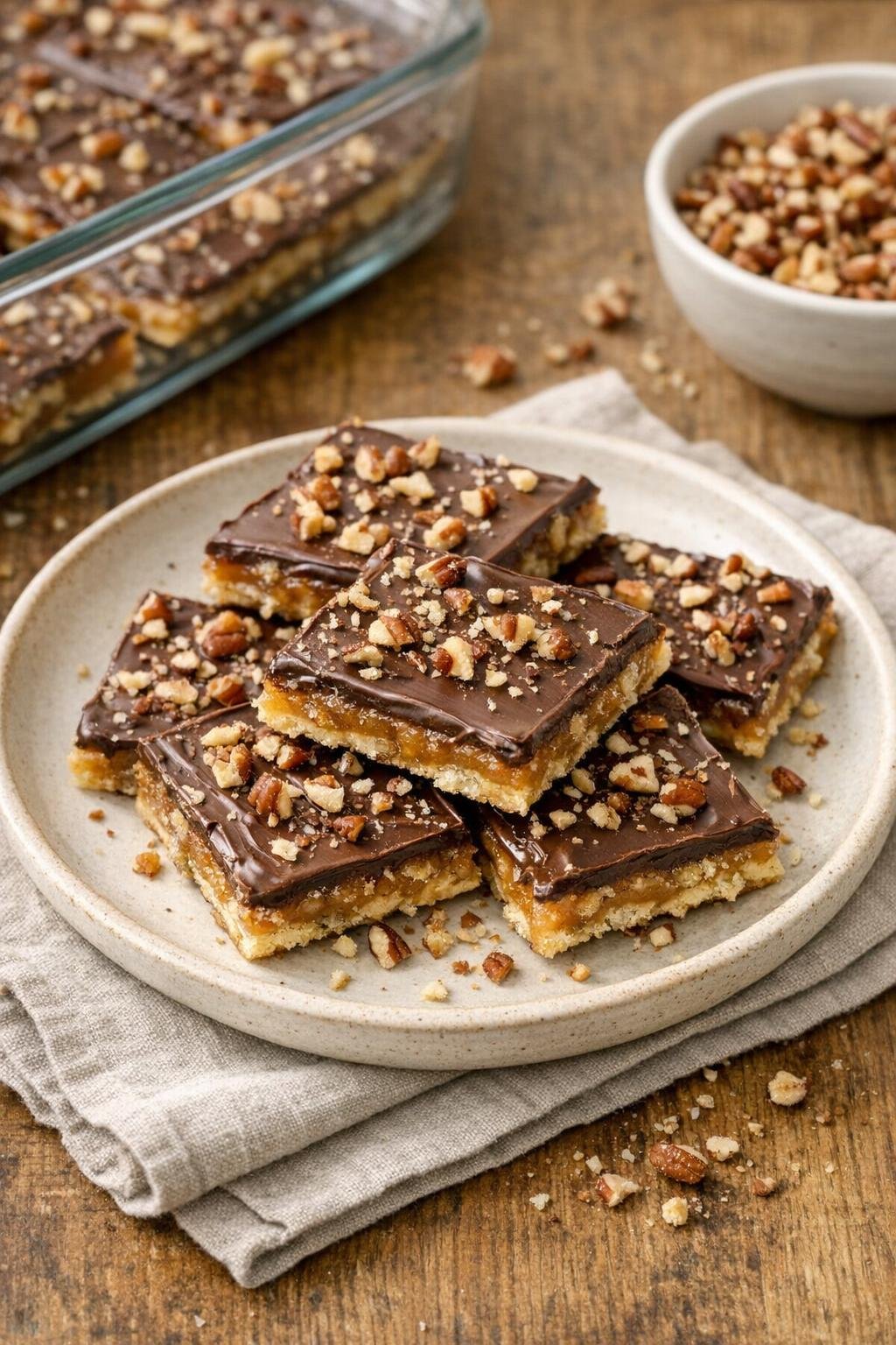 Finished saltine cracker toffee dessert on a plate