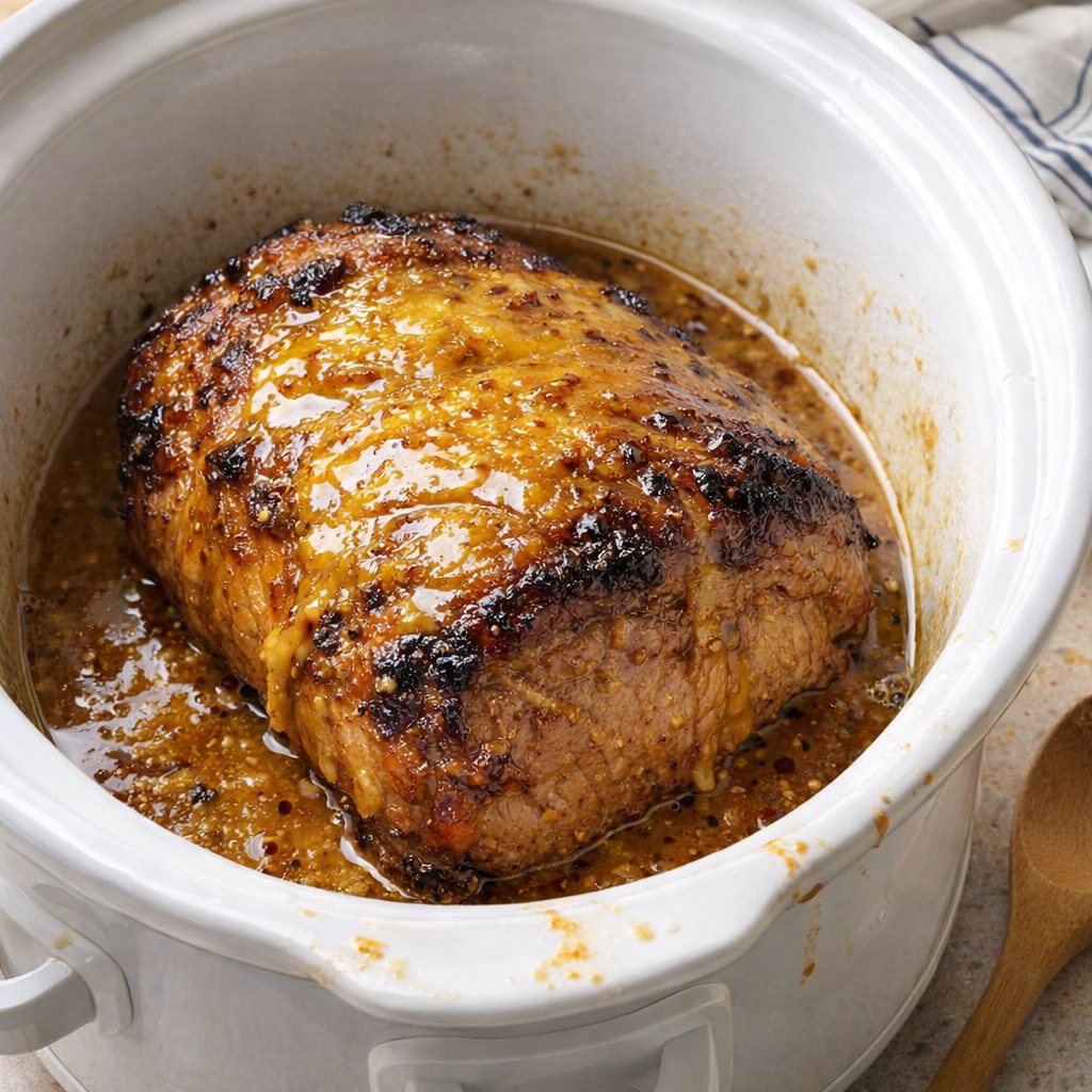 Slow cooker honey mustard pork roast in a crockpot