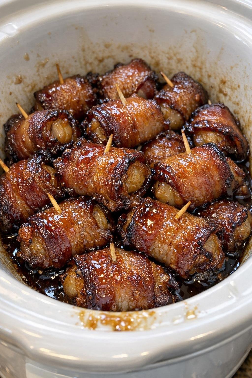 Slow cooker bacon wrapped water chestnuts in a white crock