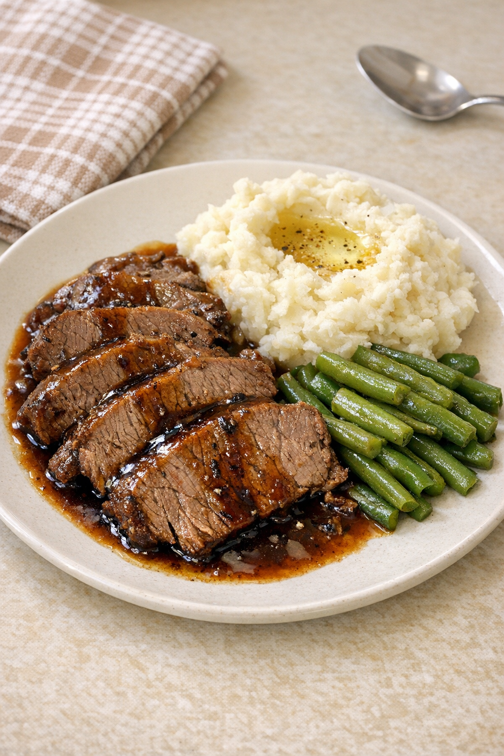 Finished Amish molasses beef plated with its cooking juices