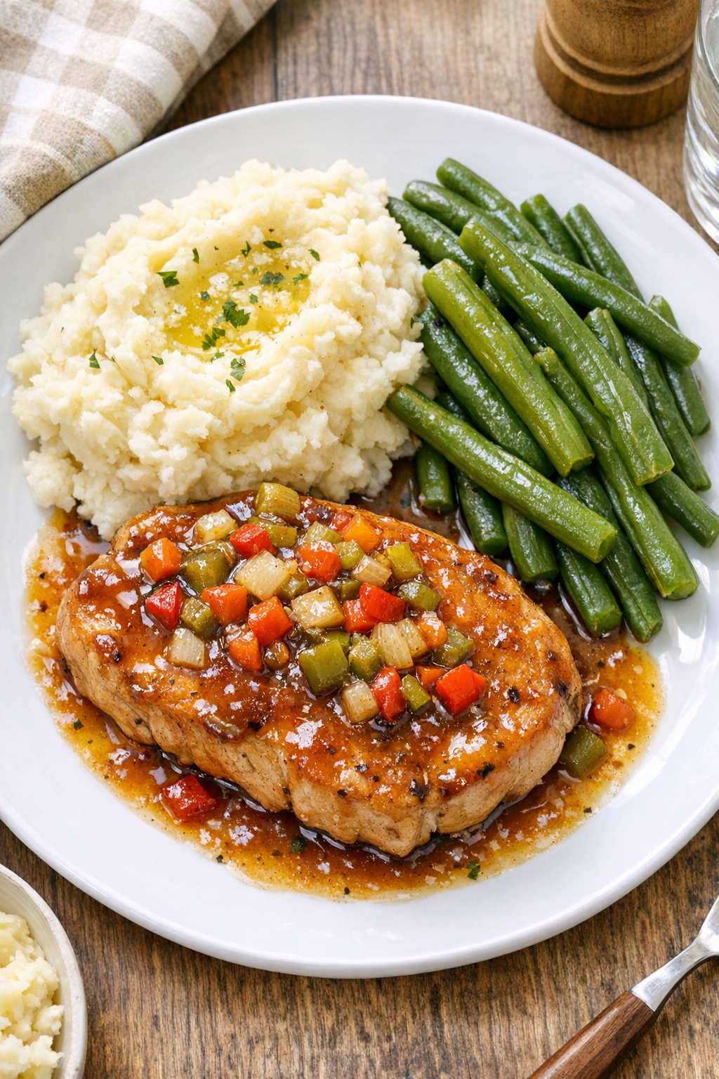 Finished slow cooker pork chops plated with sauce