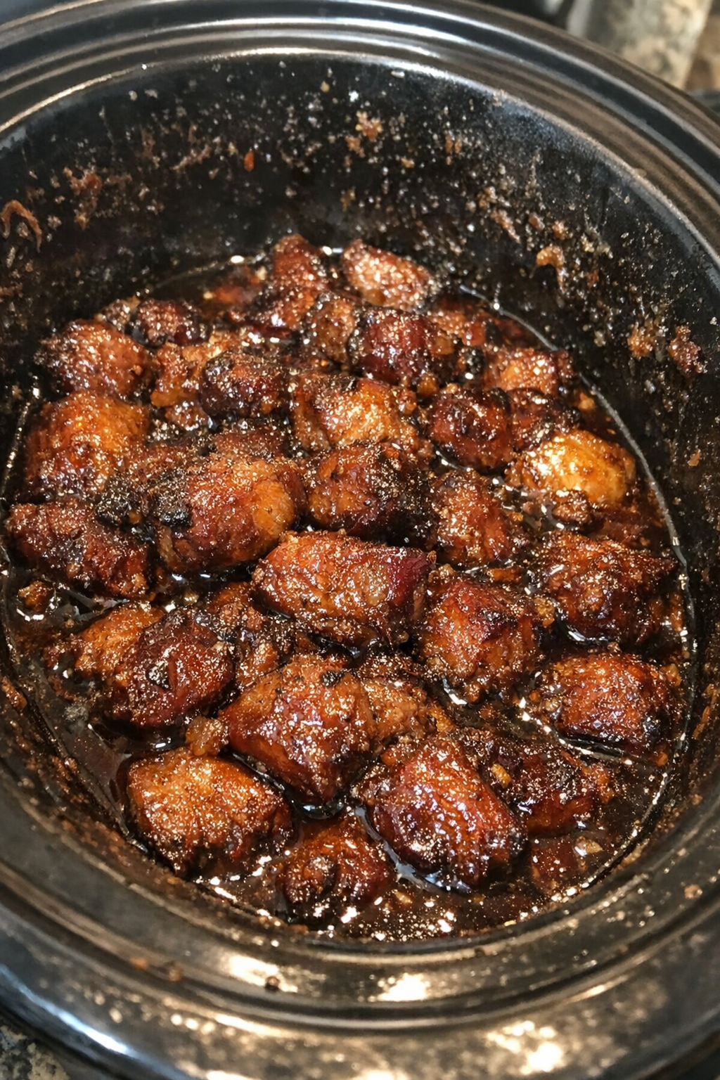 Slow-roasted caramelized protein chunks in a slow cooker