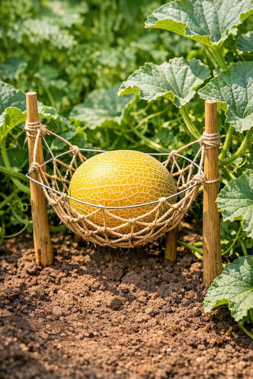 Finished wire and twine cradle supporting a melon in the garden