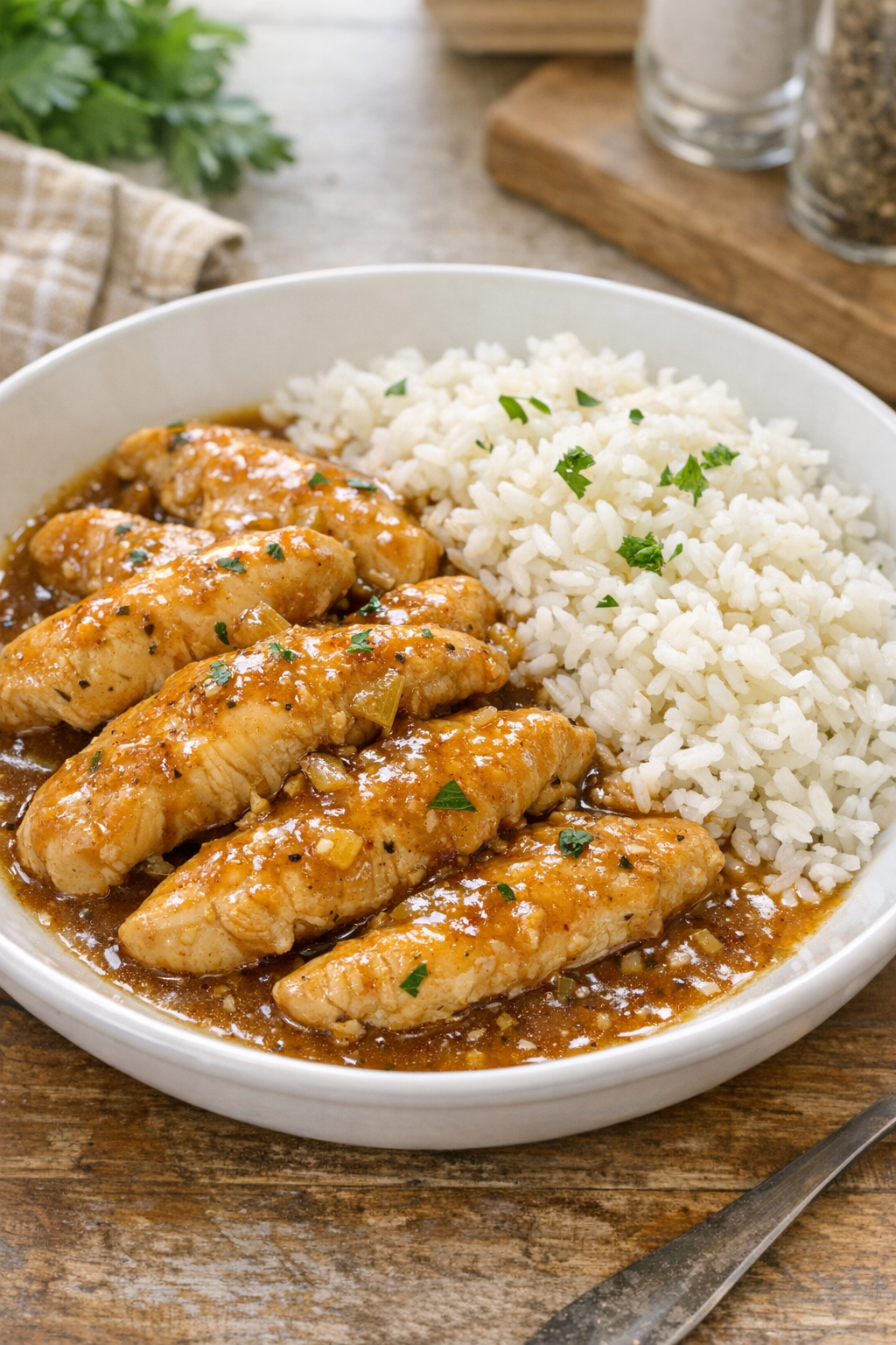 Finished slow cooker chicken plated with sauce