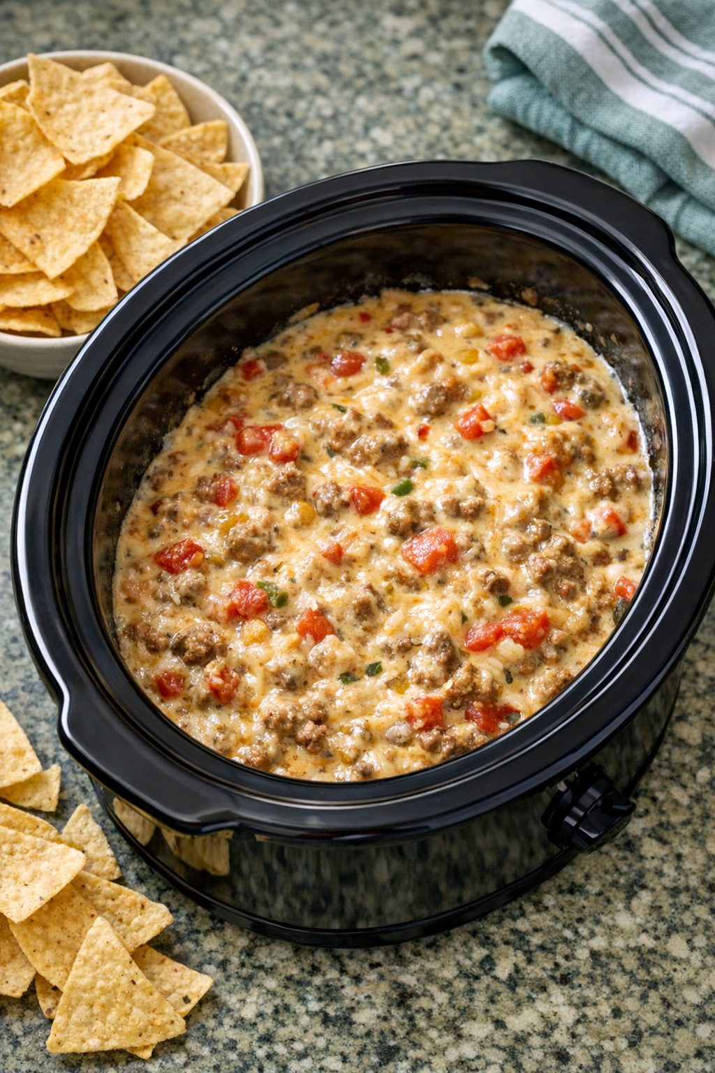 Finished pepper jack beef dip in a slow cooker with chips for serving