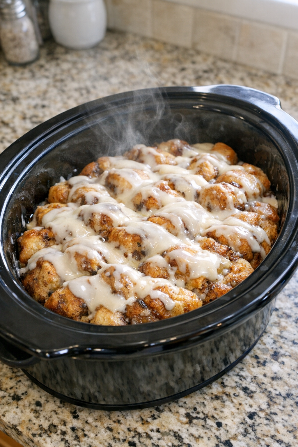 Finished cinnamon roll casserole in the slow cooker