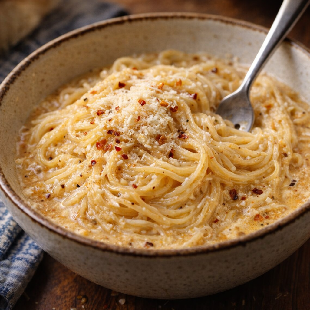 Individual bowl of cheesy angel hair pasta with Parmesan