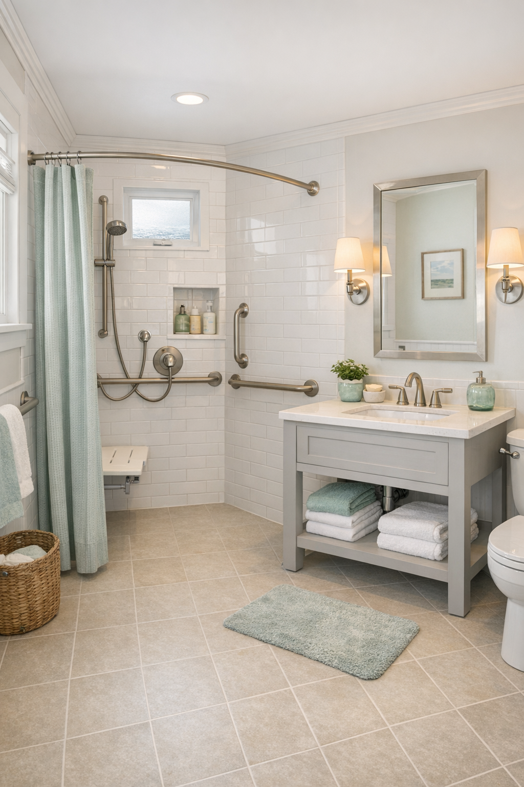 Fresh accessible bathroom with a walk-in shower, pale tile, and coastal details
