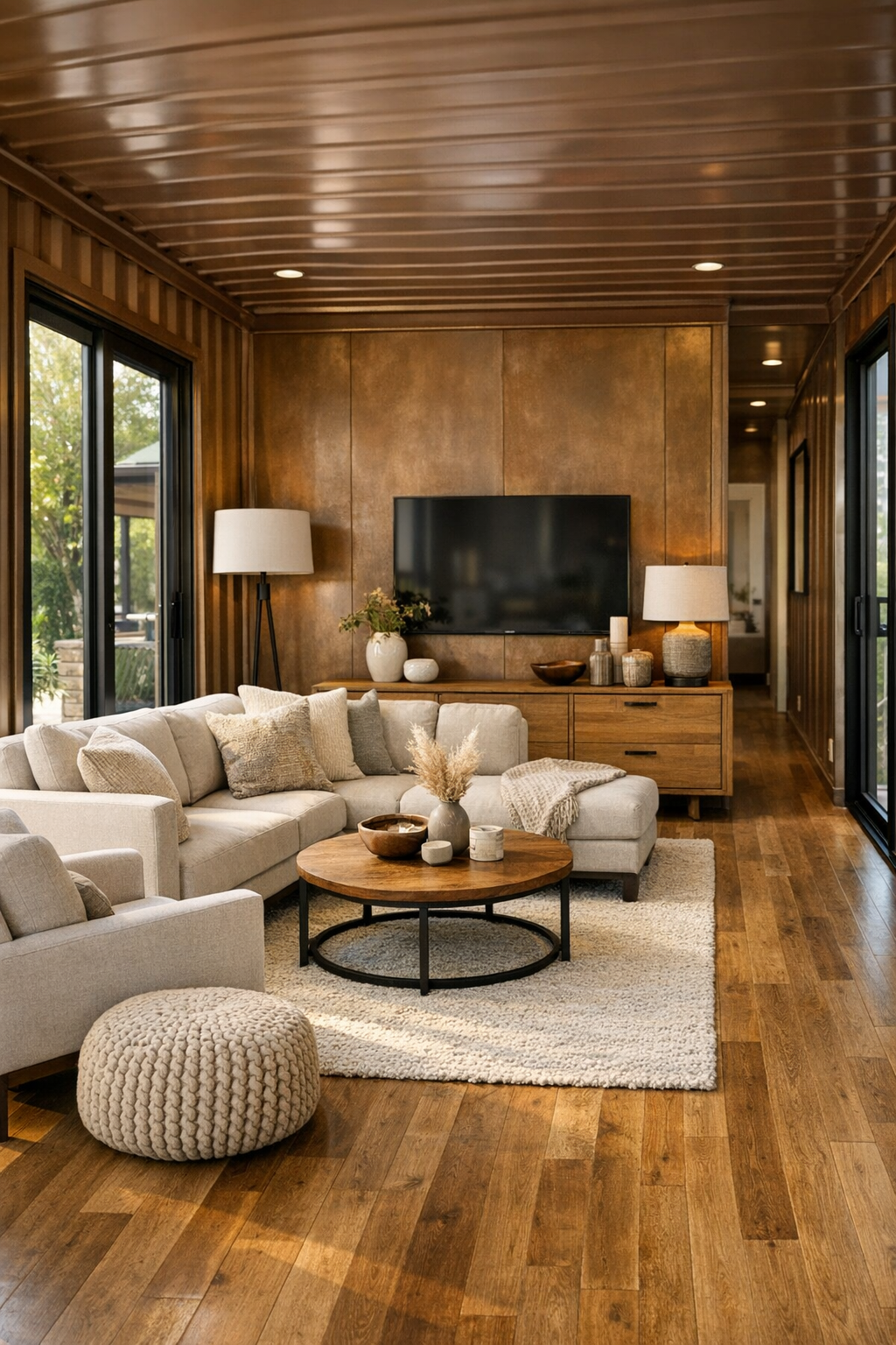 Warm modern living room inside a bronze container home with soft neutral seating and wood flooring