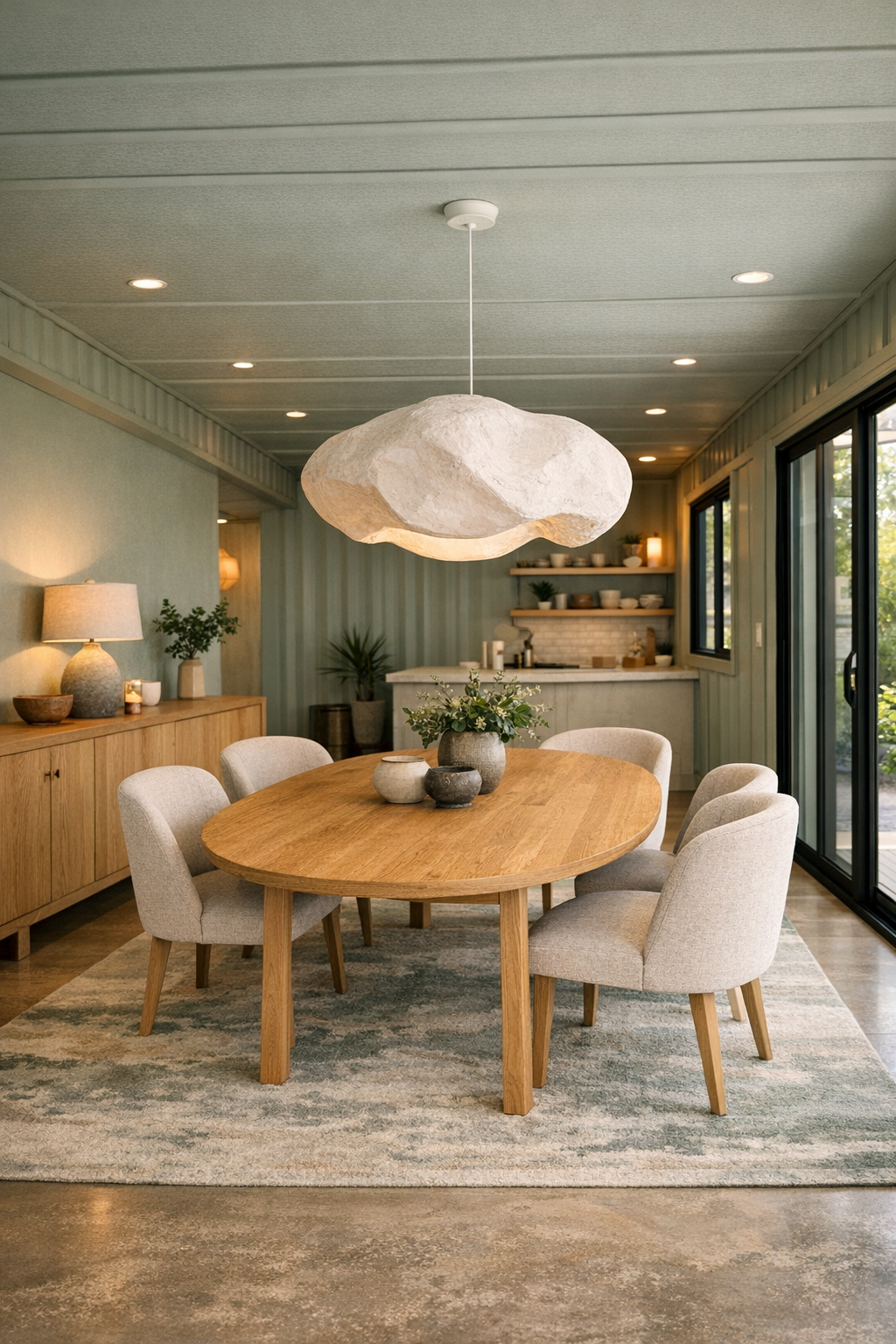 Soft modern dining room with oval oak table and plaster pendant
