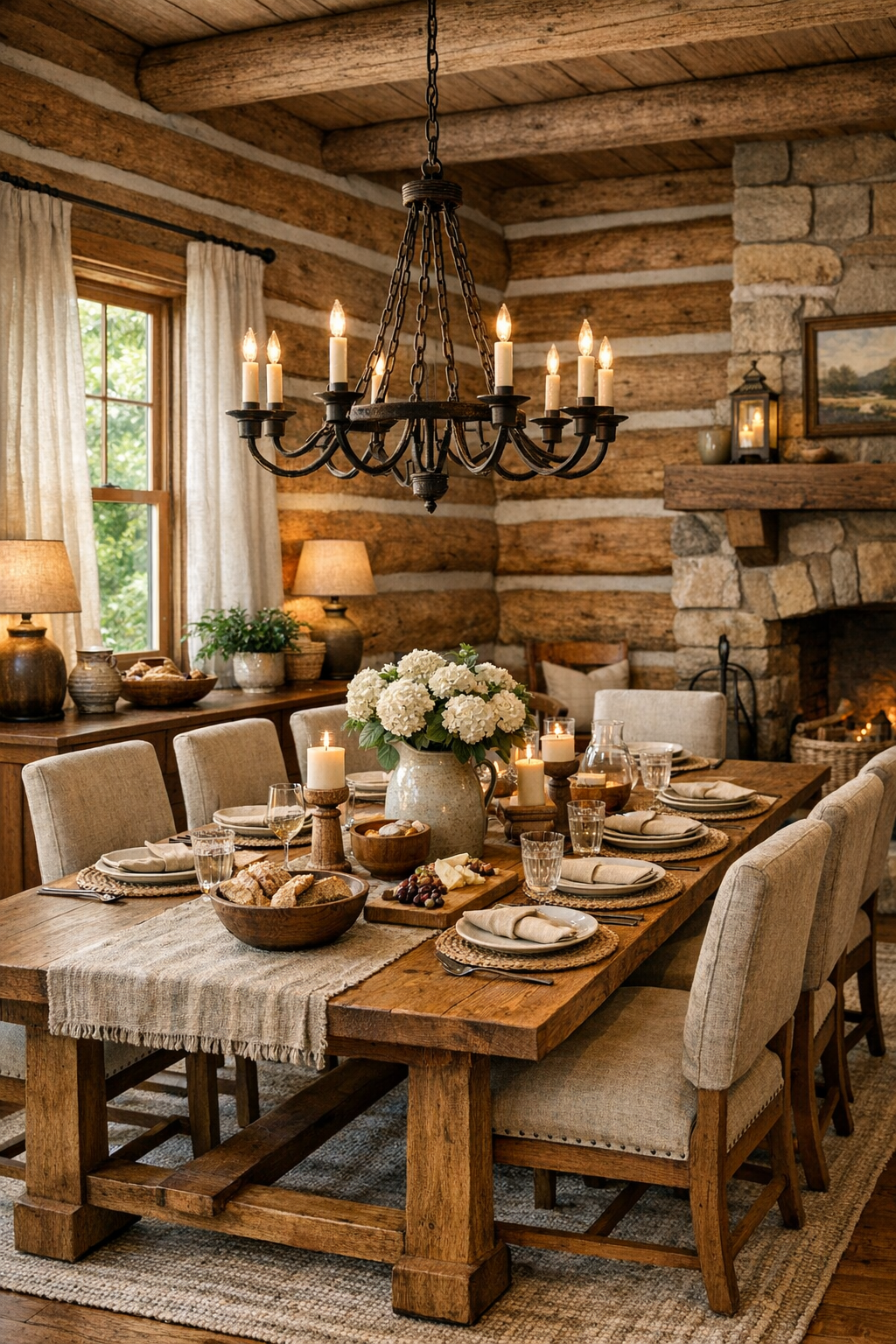 Rustic dining room with a long oak table, iron chandelier, and log walls