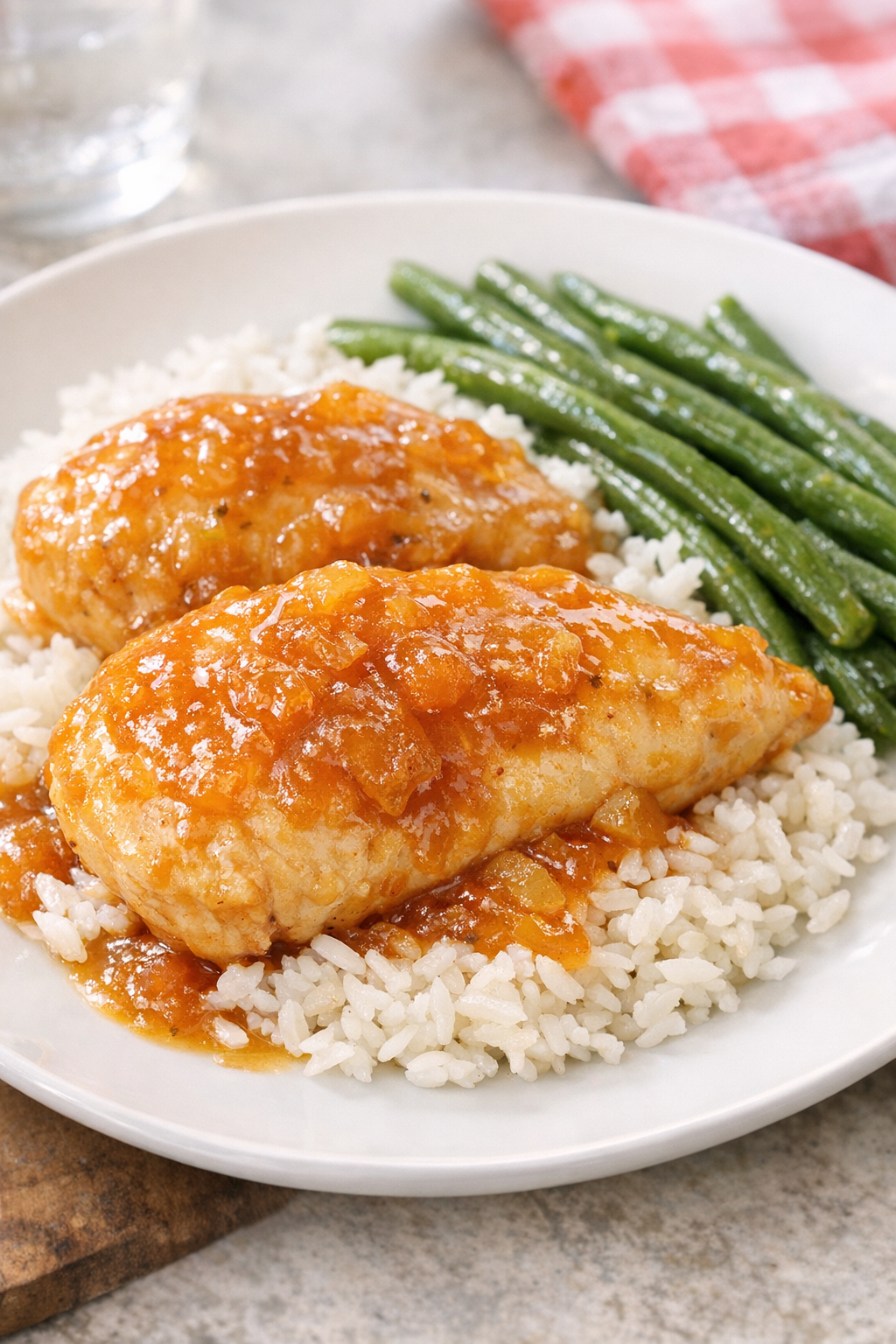 Plated apricot chicken with rice and green beans