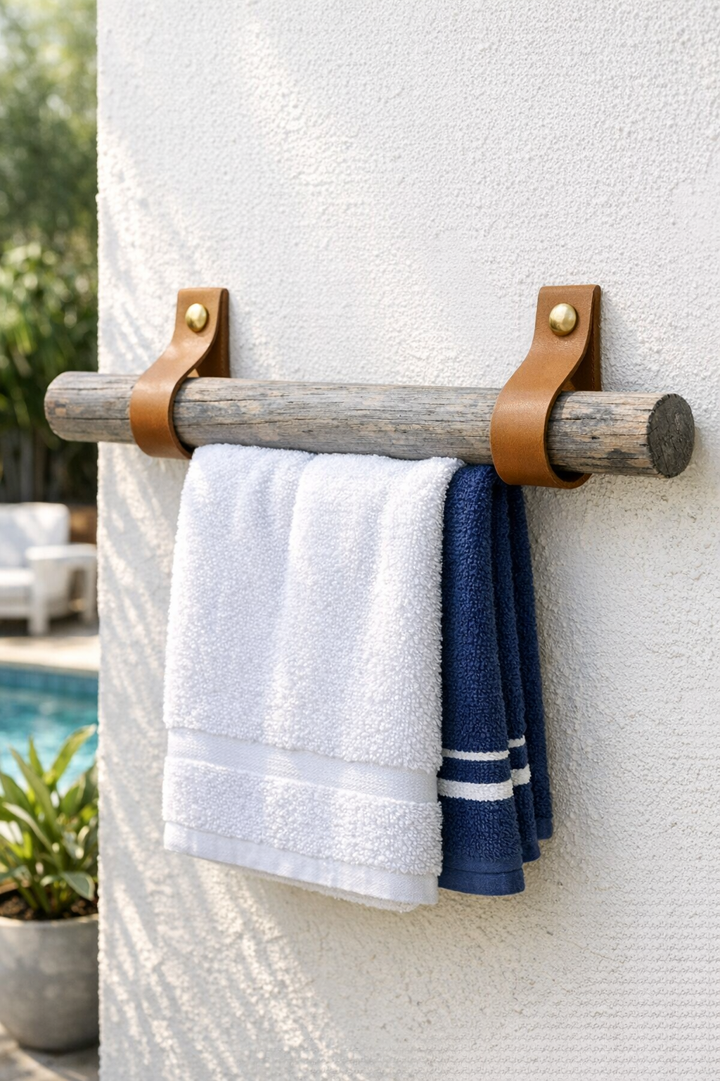 Finished outdoor towel holder with weathered gray rod and tan leather straps