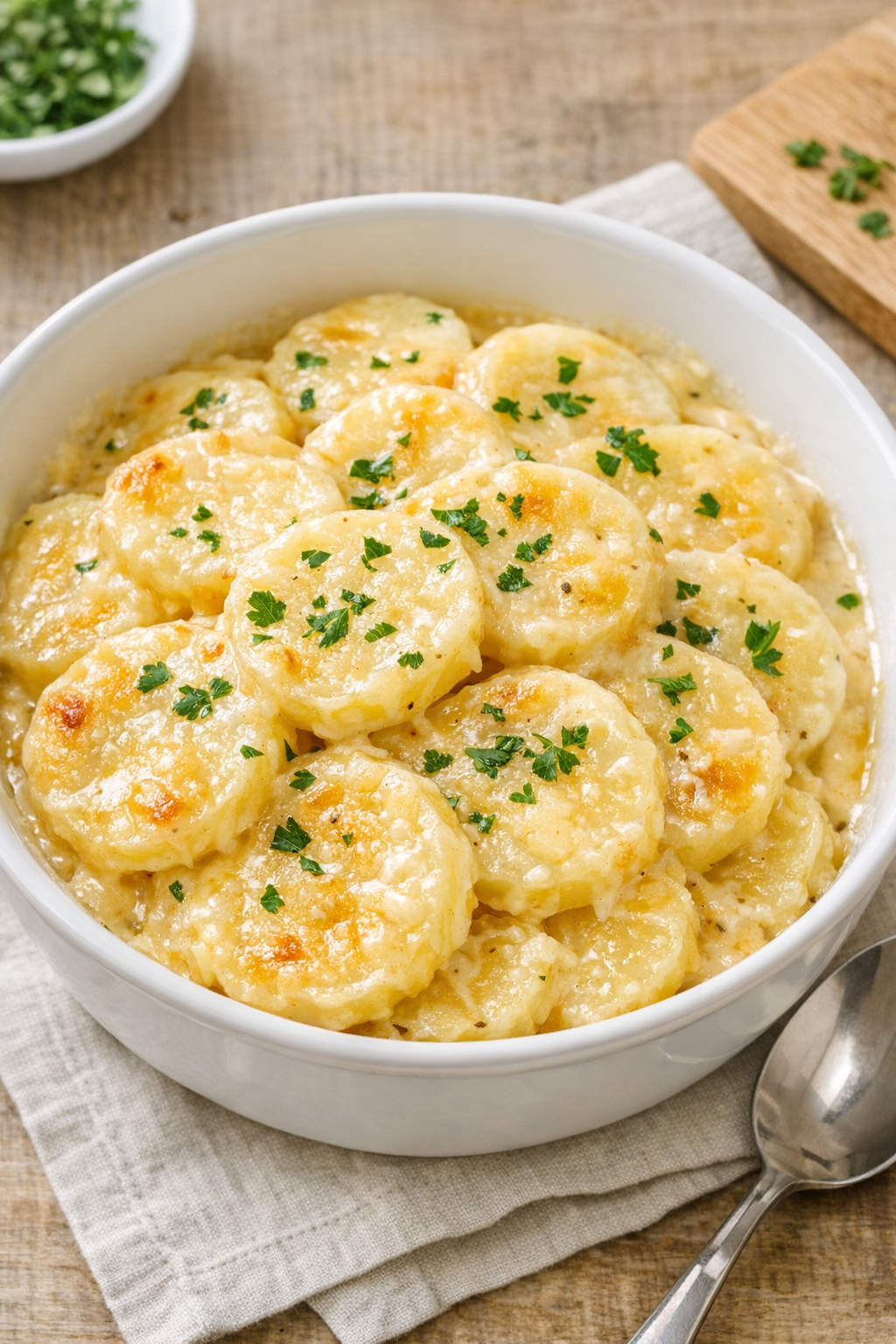 Finished cheesy slow cooker potatoes in a serving dish