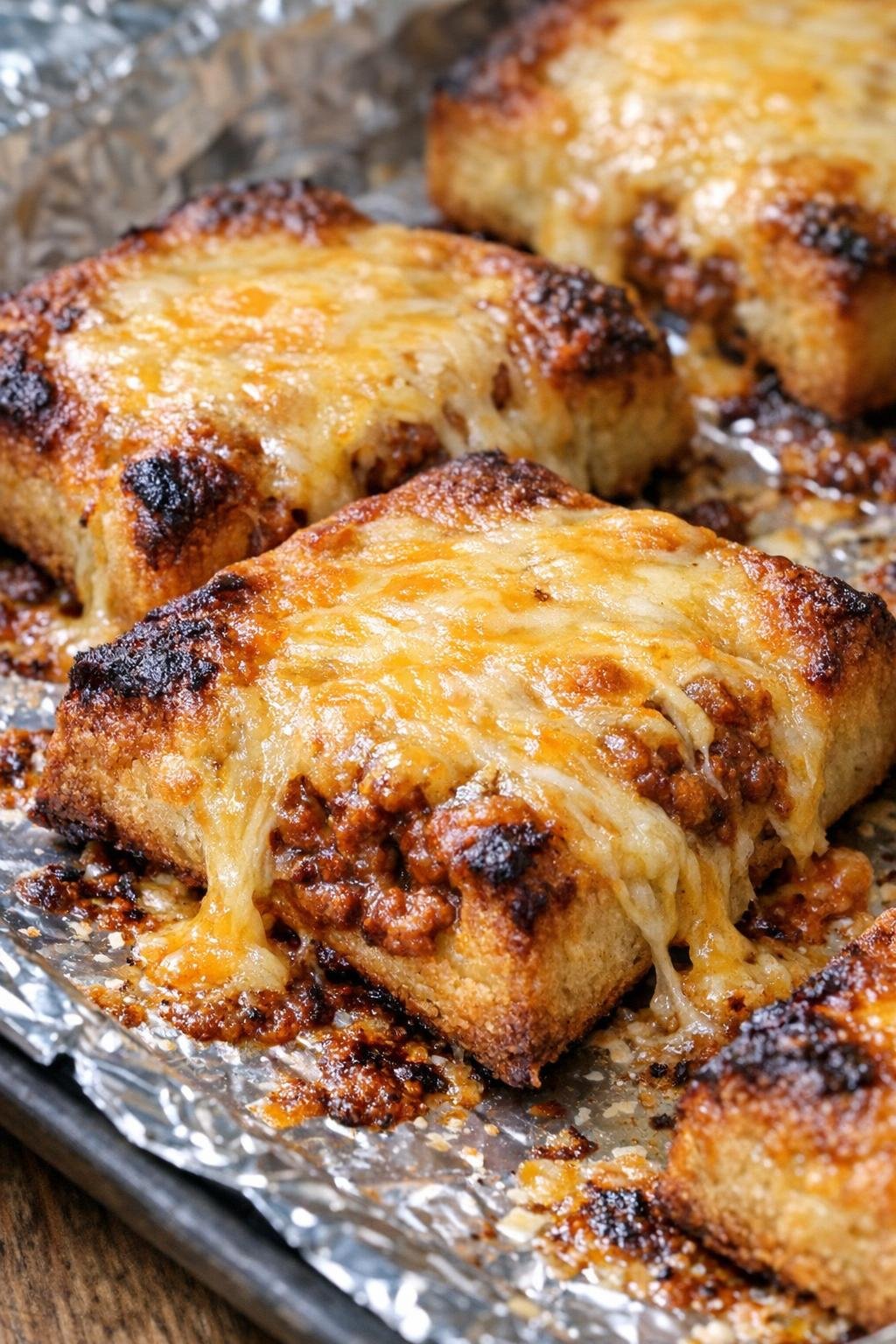 Southern 4-ingredient baked chili cheese squares on a foil-lined baking tray